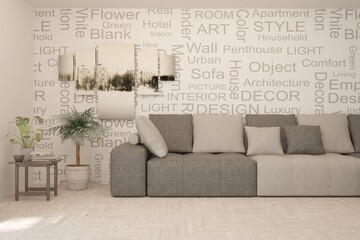 White living room with sofa and decorated wall. Scandinavian interior design. 3D illustration
