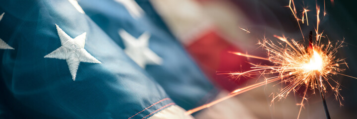 Close-up Of Vintage American Flag With Sparkler And Smoke - Fourth Of July Background
