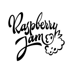 Obraz premium Raspberry jam - hand deawn script style lettering logo with fluorishes berry icon. Jam jar design element for label, home made jam stickers, cafe season sweets. 