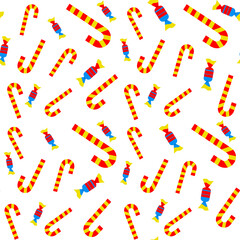 Vector seamless pattern in red and yellow tones on a white background. candies are printed on fabric, wrapping paper, or wallpaper. Vector template.