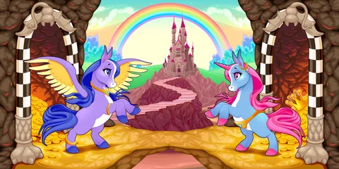 Foto op Aluminium Eenhoorn en Pegasus in de buurt van de schat. Vector cartoon afbeelding © ddraw