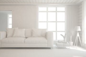 White minimalist living room with sofa. Scandinavian interior design. 3D illustration