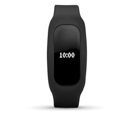 Fitness tracker Sport bracelet with screen. Black fitness bracelet or smart watch, time and pulse on the bracelet screen.