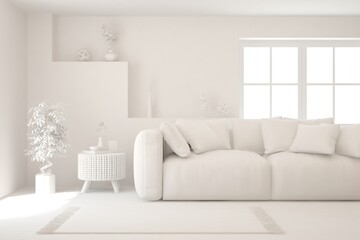 White minimalist living room with sofa. Scandinavian interior design. 3D illustration