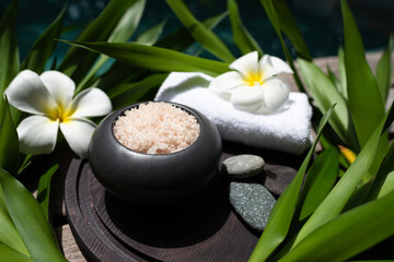 Obraz na płótnie Canvas Balinese spa setting, frangipani with sea salt and coconut. Hot Stone Massage Set.