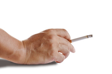Male hand holding a cigarette isolated on white background.