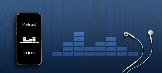 Podcast app playing on smartphone screen with earphones. Podcast blue background with copy space.  Podcasting banner with audio vu meter.