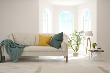 White living room with sofa. Scandinavian interior design. 3D illustration