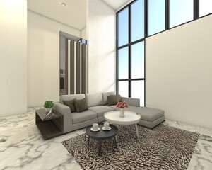 living room interior in modern style with comfortable sofa and opening window