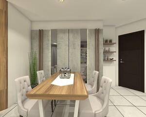 modern dining room design with wooden table and wall panel decoration 