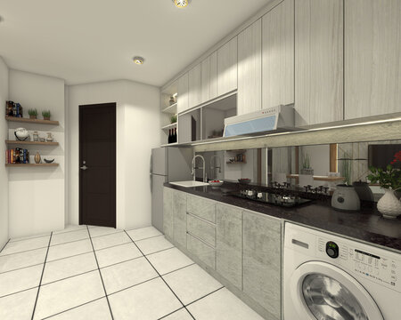 modern kitchen interior with washing clothes machine in industrial style with black granite for counter top