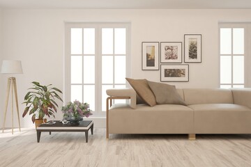 White living room with sofa. Scandinavian interior design. 3D illustration