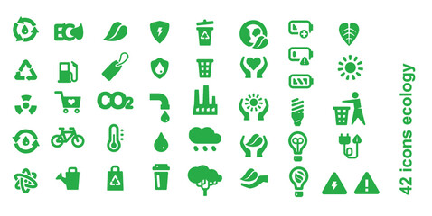 42 icons on the theme of Ecology. Icons for site decoration. Emblems for the protection of nature. Beautiful set illustration ecology