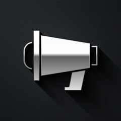 Silver Megaphone icon isolated on black background. Speaker sign. Long shadow style. Vector