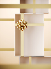Minimal product background for Christmas, New year and sale event concept. White gift box with golden ribbon bow on beige background. 3d render illustration. Clipping path of each element included.