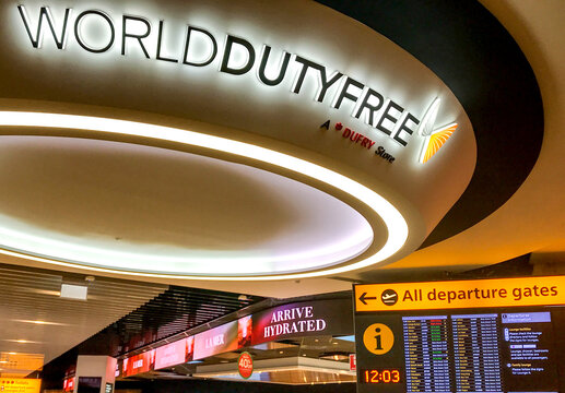 London, England - February 2019:  Sign at the entrance to the duty free area of an airport terminal in London