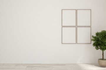 Blank of white empty room with green plant and empty frames on a wall. Scandinavian interior design. 3D illustration