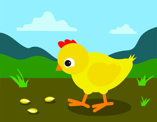 Obraz na płótnie Canvas chicken eating corn grains, vector illustration 