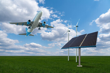 Landing plane with solar panels and wind turbines. Clean mobility concept