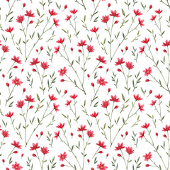 Seamless pattern with watercolor red wild flowers