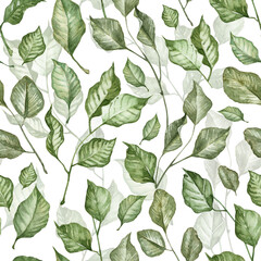 Seamless pattern with hand painted watercolor green leaves. Botanical wallpapers