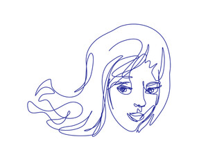 Girl face with big eyes in continuous line drawing. Sketchy woman portrait. Outline simple artwork with editable stroke. Vector illustration.