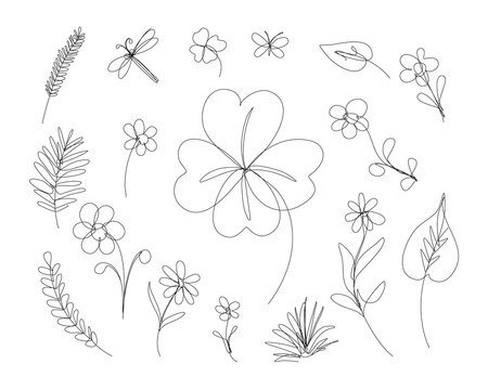 Flowers, herbs and grass in continuous line drawing. Sketchy single leaves, chamomile, dragonfly and butterfly. Outline simple artwork with editable stroke. Vector illustration.