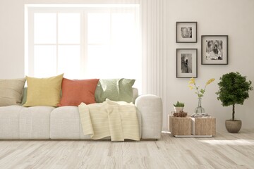 Soft color living room with sofa. Scandinavian interior design. 3D illustration