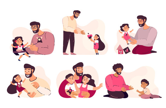 Fathers Day greeting cards Set.Dad play with children son,daughter,girl,boy.Bright flat pictures for blogs,social media,greeting card,print,poster.Flat Vector illustration isolated on white background