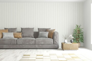 White living room with sofa. Scandinavian interior design. 3D illustration