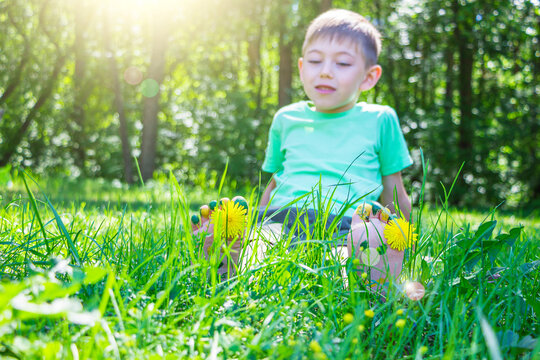 Childs Feet With Dandelion Flower On Green Grass In Sunny Summer Day. Painted Kids Heels. Happy Carefree Childhood Concept