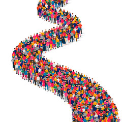 A large group of people are standing in a long line. Crowd. Sale, road, promotion concept.