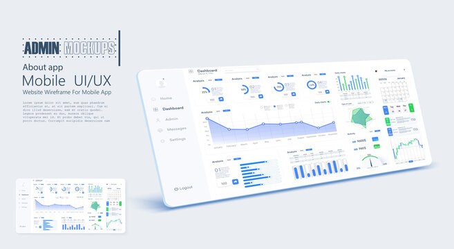 Dashboard UI, UX, KIT interface. Admin Panel statistical chart maps, web page data charts, and graphical user interface screen charts. Monitoring of income streams, stock market infocharts. Vector