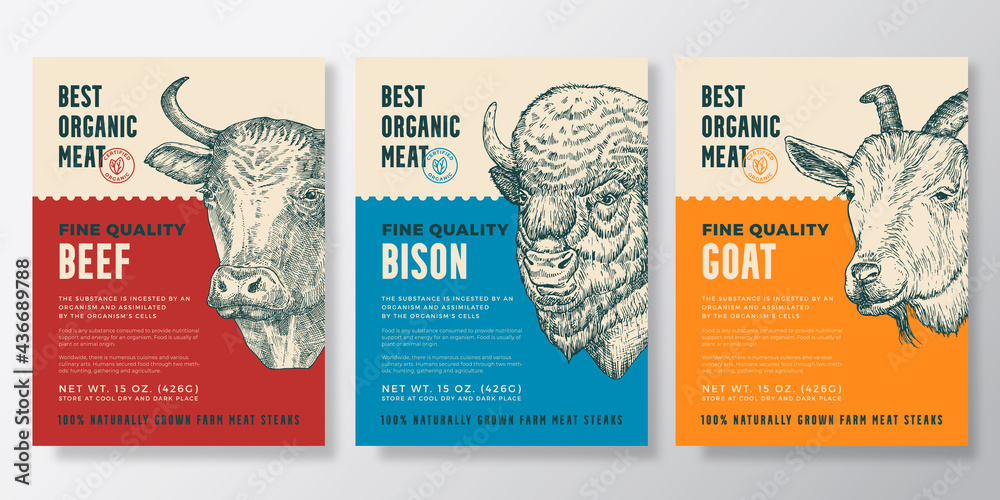 Wall mural animal portrait organic meat vector packaging design or label templates set. farm steaks banners. mo