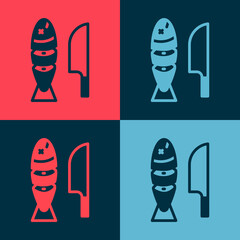 Pop art Fish with sliced pieces with knife icon isolated on color background. Vector