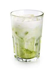 Glass with matcha latte isolated on white background.