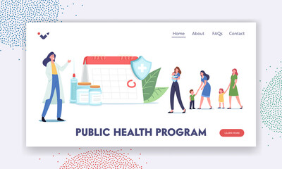 Public Health Program Landing Page Template. Immunization Schedule. Characters Wait for Vaccination at Huge Calendar