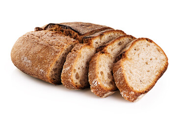 Slices of freshly baked homemade sour dough bread isolated on white background.