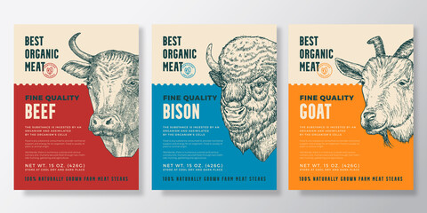 Animal Portrait Organic Meat Vector Packaging Design or Label Templates Set. Farm Steaks Banners. Modern Typography and Hand Drawn Cow, Bison and Goat Head Sketches Backgrounds Layout Collection