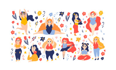 Set with women plus size. The ballerina is dancing. The girl does gymnastics. Stylish plump girl is engaged in sports, meditation. Feminism. Doodle style. Body positive.