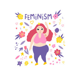 Obraz na płótnie Canvas The plus-size girl is happy. A stylish plump girl with a crown says hello. Feminism. Doodle style. The body is positive. Flat doodle style. A fat woman enjoys life.