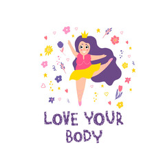 The girl is engaged in ballet. A stylish plump girl is engaged in sports. Feminism. Doodle style. The body is positive. Cute ballerina for printing on clothes, fabrics. Flat doodle style. Love your bo