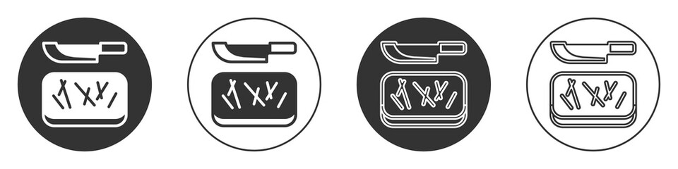 Black Cutting board and knife icon isolated on white background. Chopping Board symbol. Cutlery symbol. Circle button. Vector