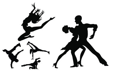 Sett of different people dancing silhouette vectoe illustration.