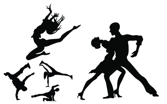 Sett of different people dancing silhouette vectoe illustration.