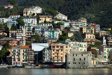 Landscape of Italian town of Rapallo with castle on Ligurian seaside, Italy