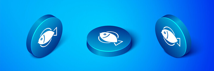 Isometric Fish icon isolated on blue background. Blue circle button. Vector