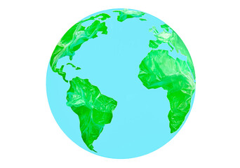Earth globe made of paper and plastic bags isolated on white