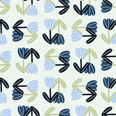 Decorative seamless pattern with blue and navy tulip flowers elements. Light grey background.