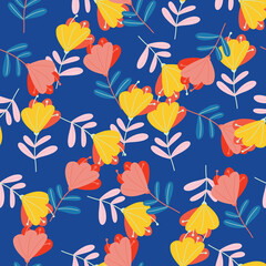Fototapeta na wymiar Pink and yellow colored doodle flowers seamless random pattern in hand drawn style. Navy blue background.